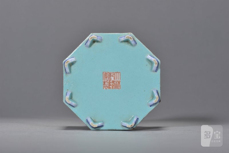 清 洋彩山水人物诗文八方水盂 - 图5